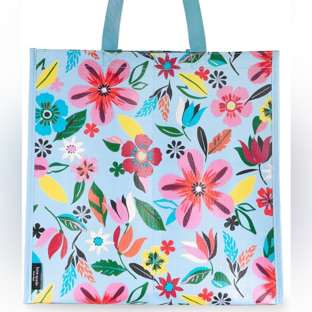 kate spade Light Blue Floral Grocery  Tote with Pink and Red Blooms